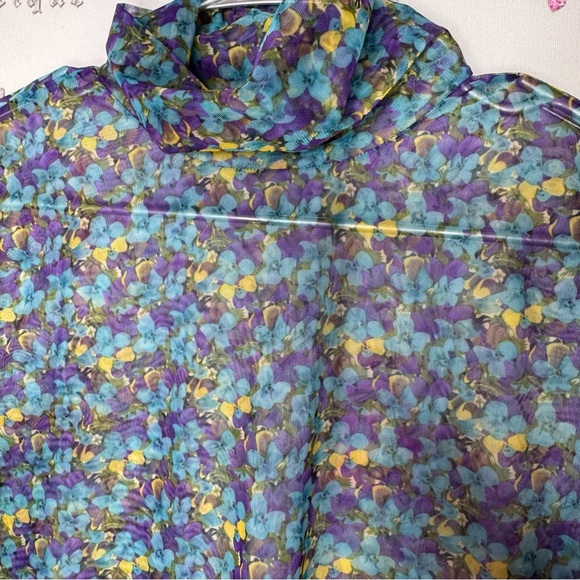 Tristan turtleneck mesh floral purple blue yellow stretchy top long sleeve sexy - Picture 3 of 9